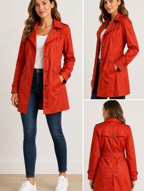 Cole Haan Orange Red Hooded Raincoat Trench Jacket Women's Size 8